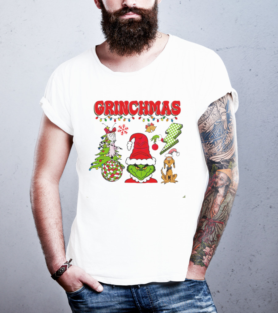 Grinch Grinchmas Red Hat Christmas Tree Max Dog Lightning Bolt Ornaments T-Shirt