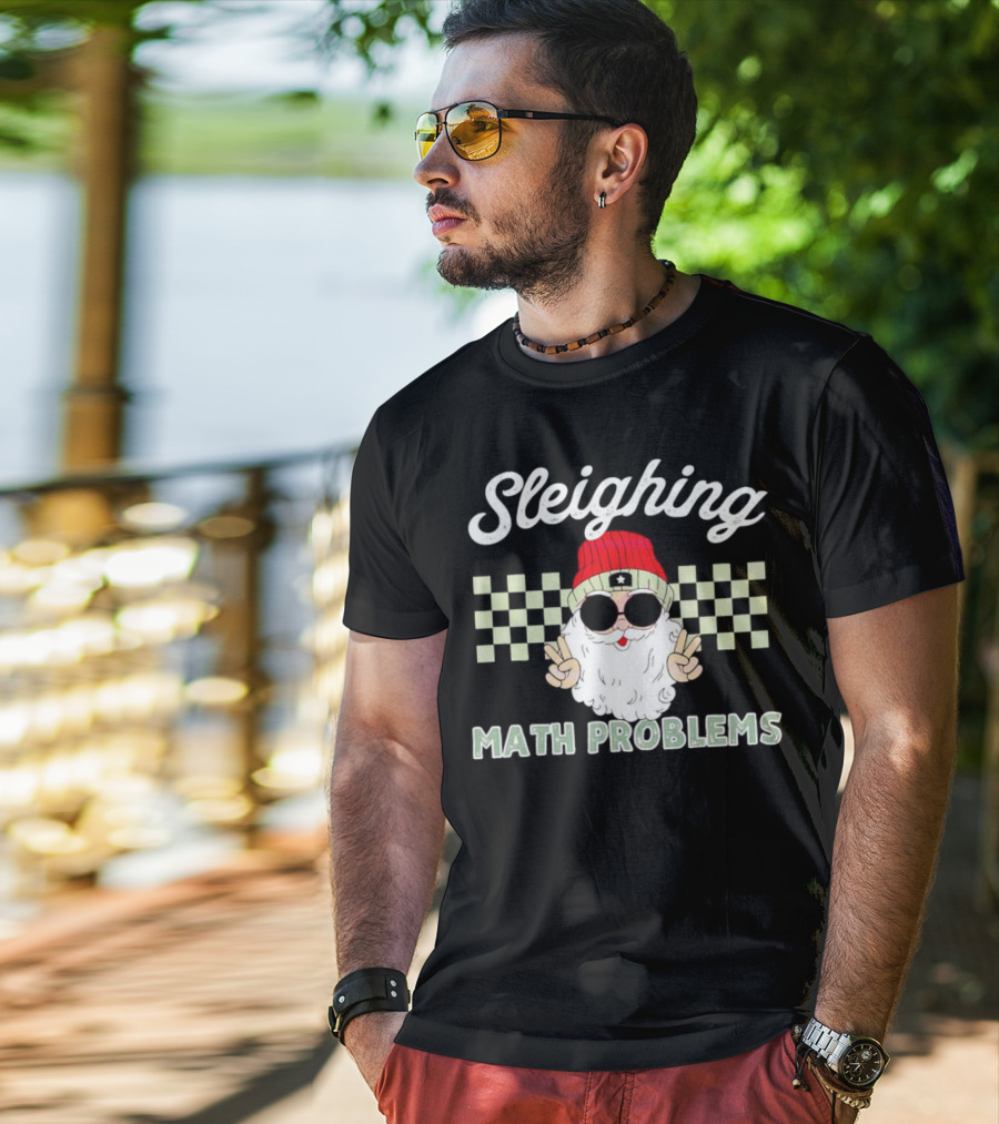 Sleighing Math Problems Santa Peace Sign Checkered Background T-Shirt