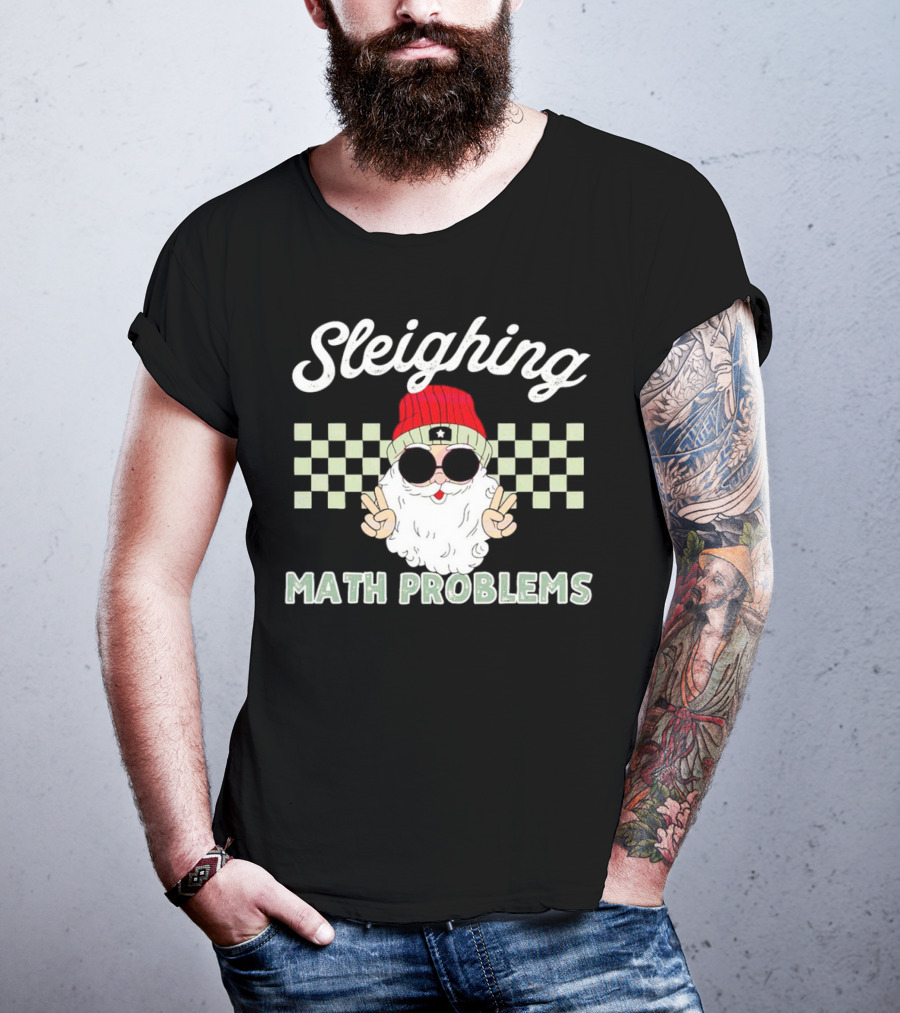 Sleighing Math Problems Santa Peace Sign Checkered Background T-Shirt