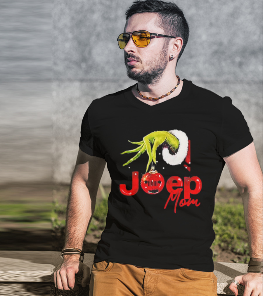 Grinch Hand With Santa Hat Holding Christmas Ornament Jeep Mom T-Shirt
