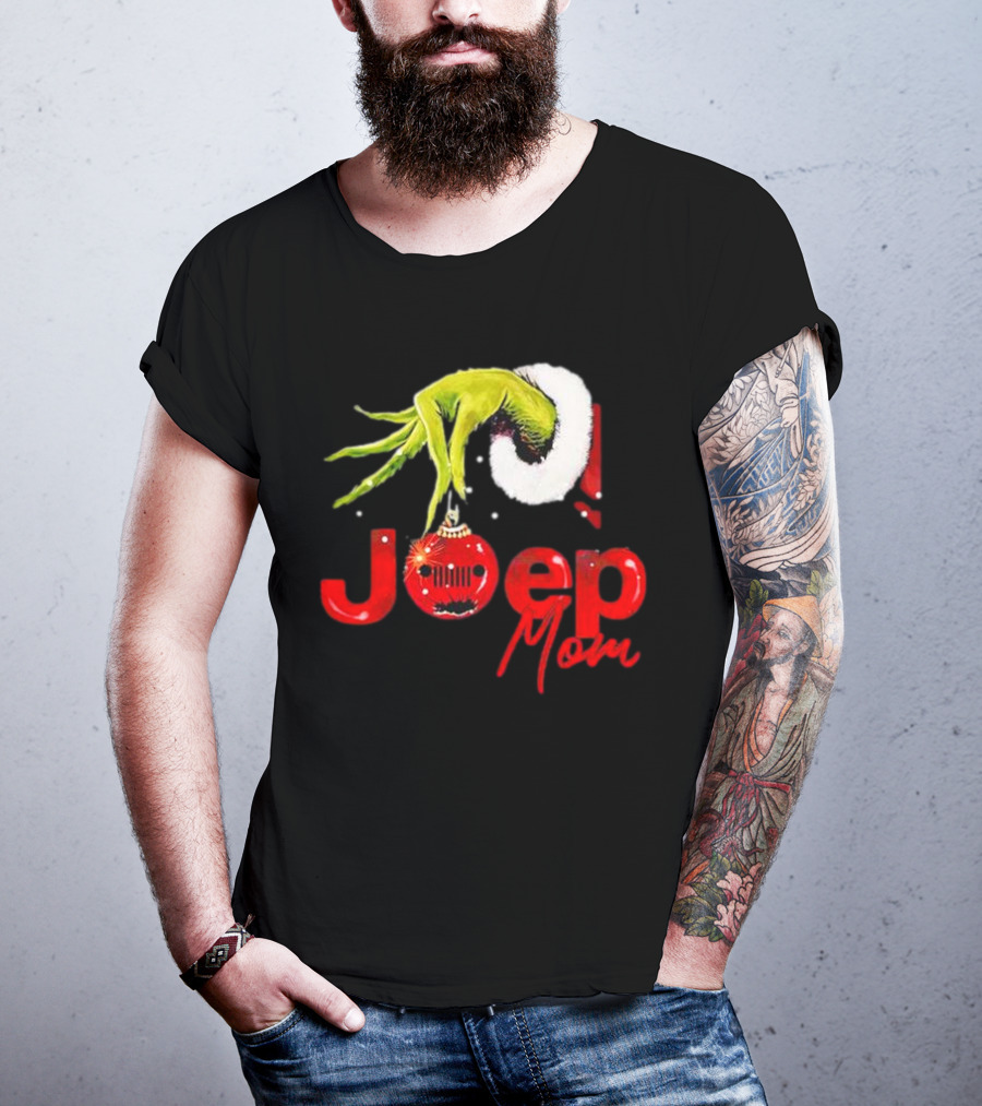 Grinch Hand With Santa Hat Holding Christmas Ornament Jeep Mom T-Shirt
