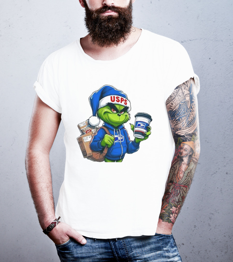 USPS Grinch Merry Christmas Delivery With Packages And Coffee T-Shirt