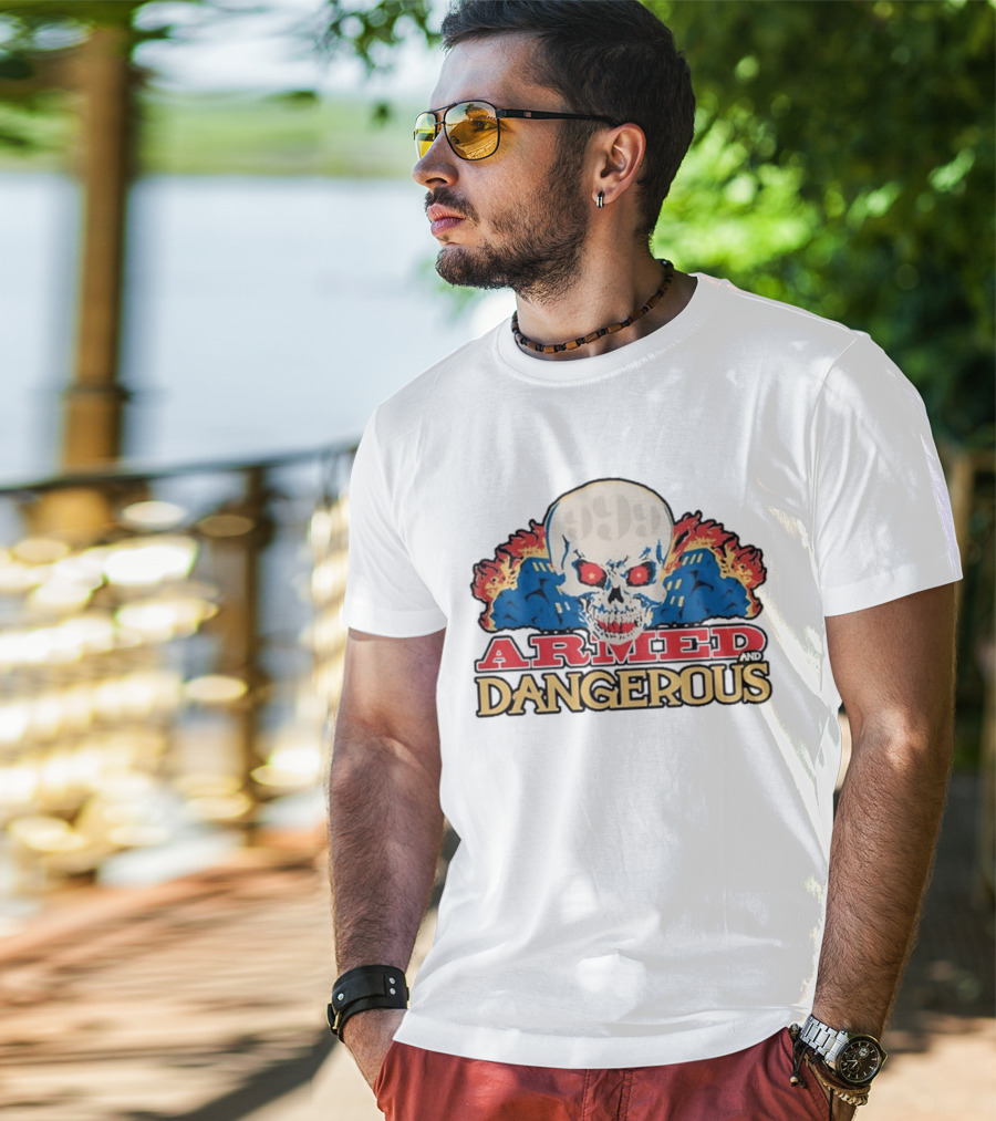 999 Club Armed And Dangerous Skull With Red Eyes And Flames T-Shirt