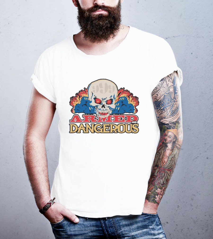 999 Club Armed And Dangerous Skull With Red Eyes And Flames T-Shirt