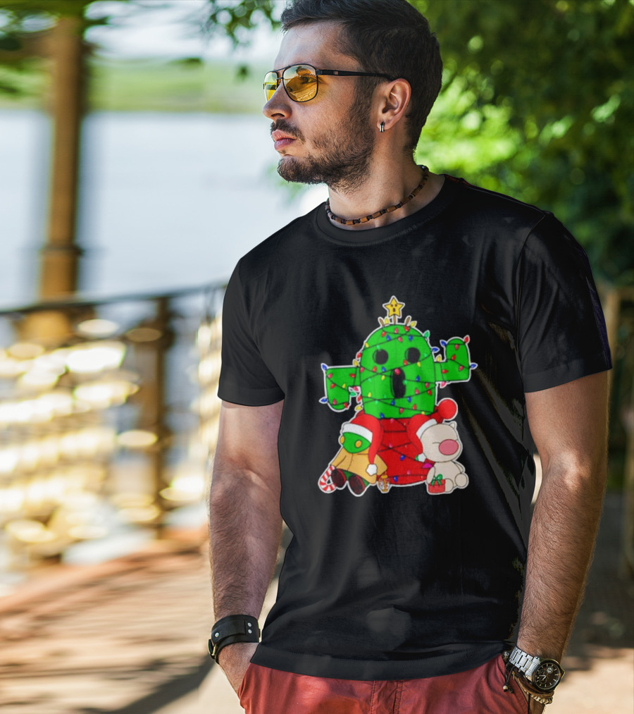 Christmas Moogle Cactuar Wrapped In Lights Star Topped Festive Scene T-Shirt