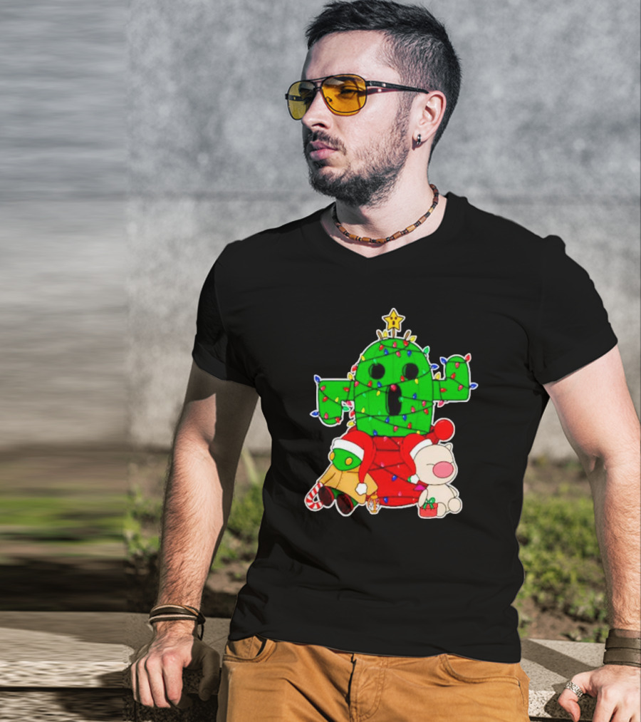 Christmas Moogle Cactuar Wrapped In Lights Star Topped Festive Scene T-Shirt
