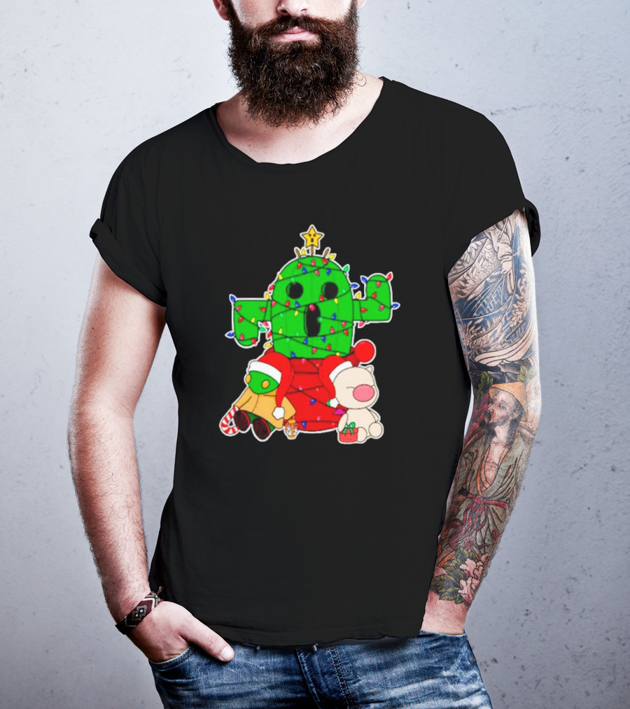 Christmas Moogle Cactuar Wrapped In Lights Star Topped Festive Scene T-Shirt
