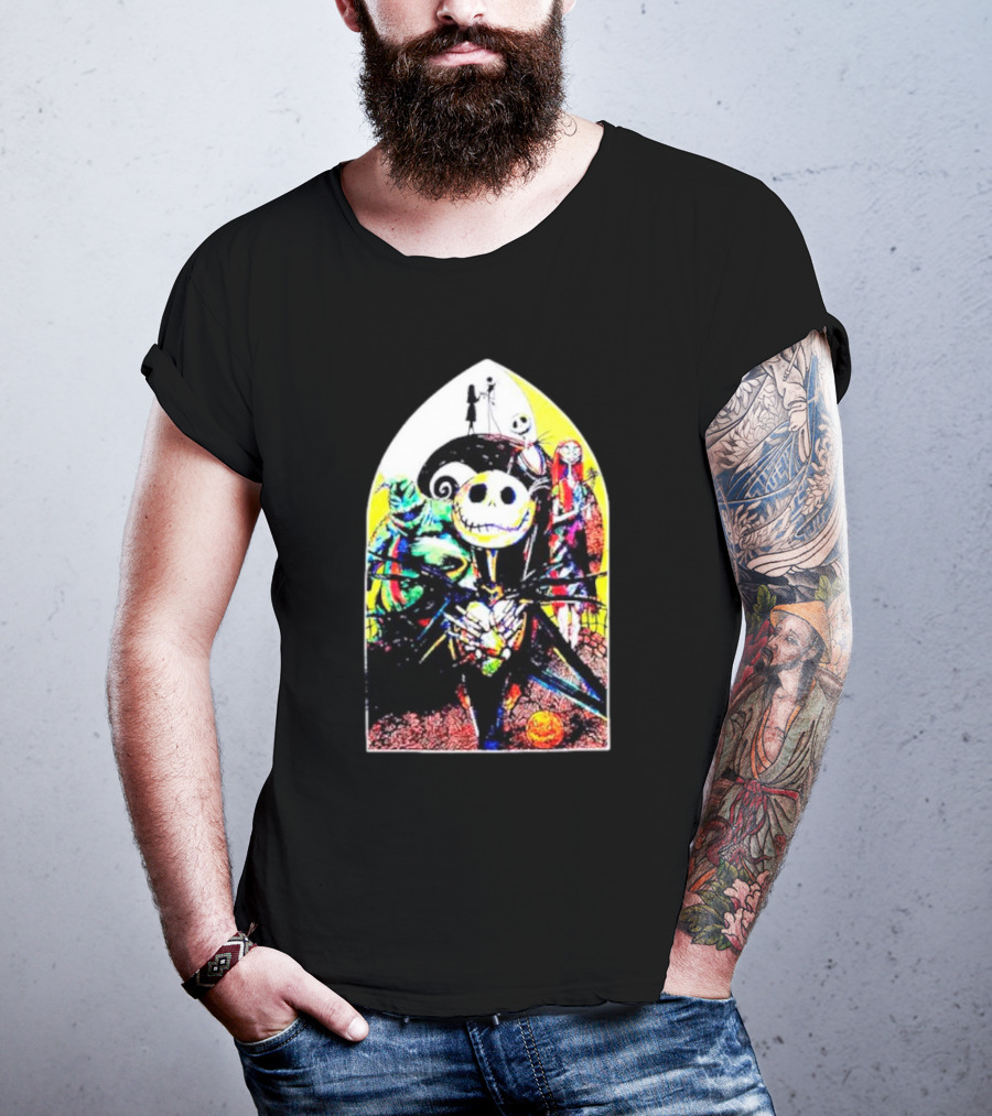 Jack Skellington And Friends Stained Glass Style Scene From The Nightmare Before Christmas T-Shirt