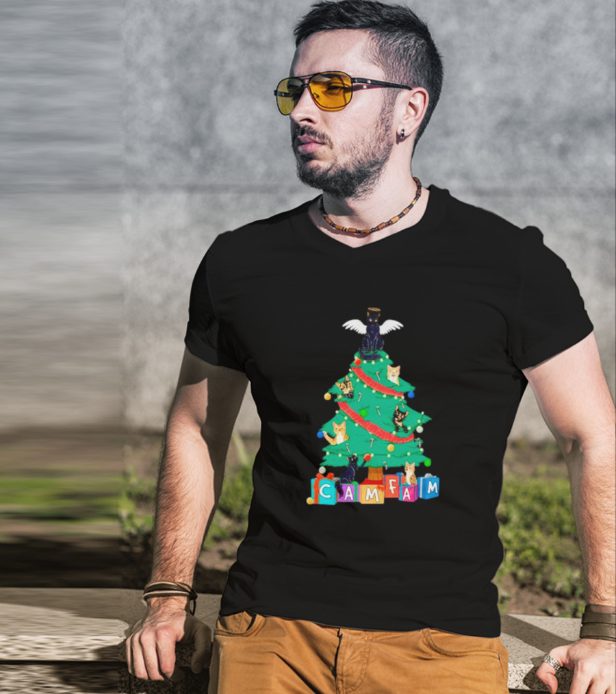 Cam Fam Christmas Tree With Cats And Holiday Blocks T-Shirt