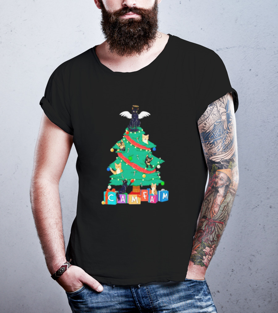 Cam Fam Christmas Tree With Cats And Holiday Blocks T-Shirt