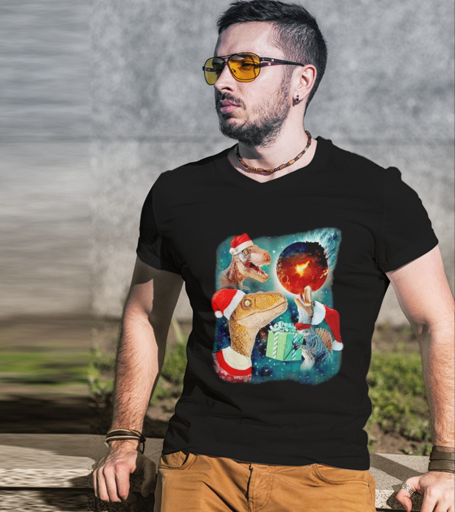 T-Rex Christmas Festive Santa Hat Dinosaur Planet Gift Explosion T-Shirt