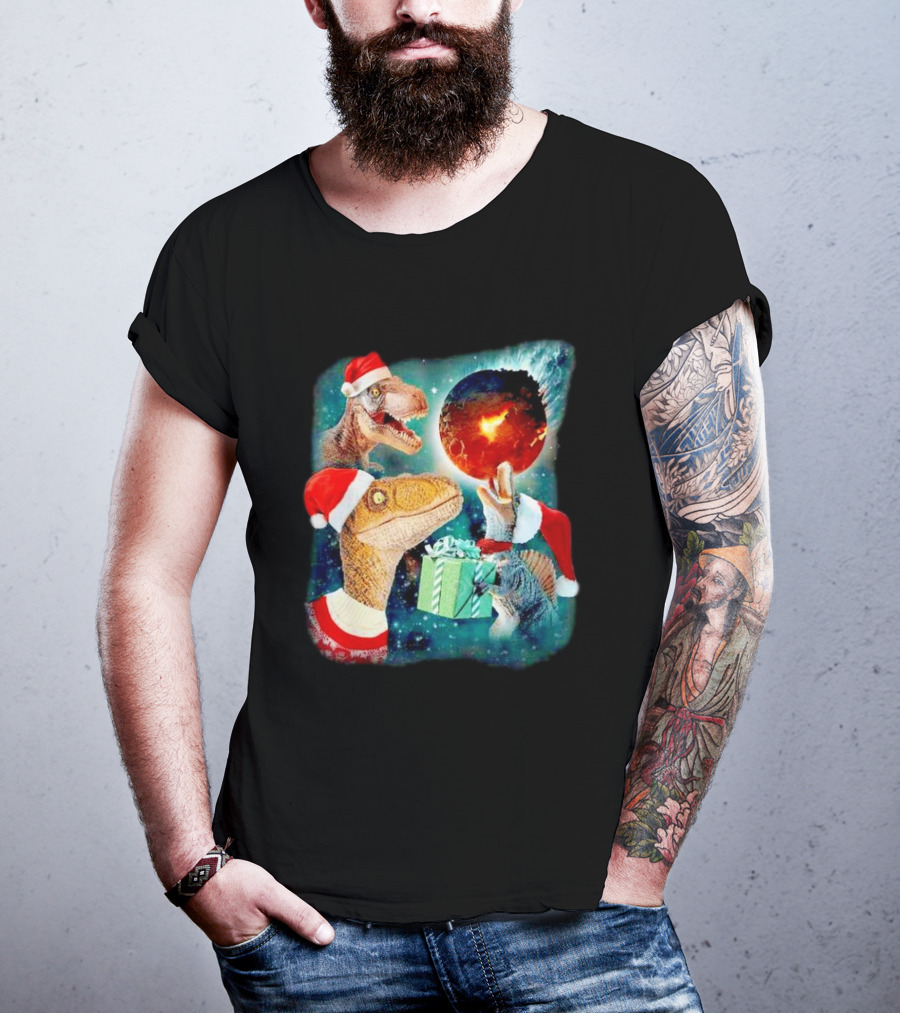 T-Rex Christmas Festive Santa Hat Dinosaur Planet Gift Explosion T-Shirt