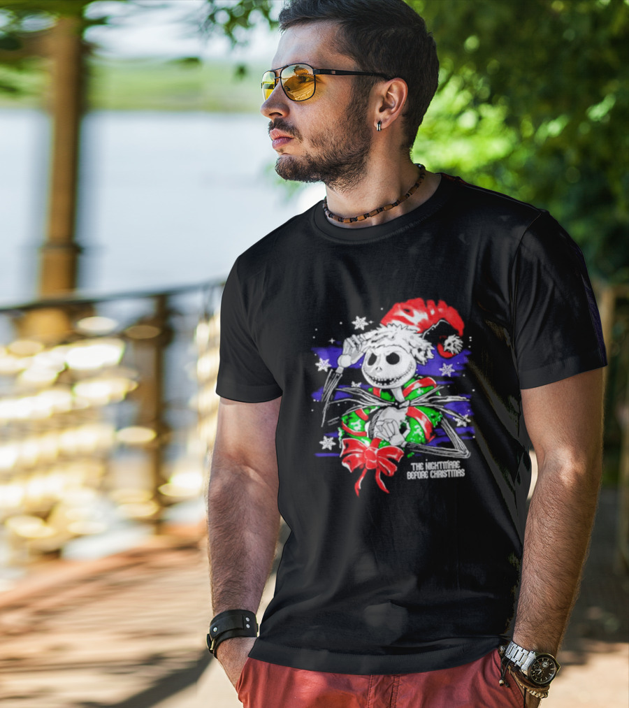 The Nightmare Before Christmas Jack Skellington In Santa Hat And Grinch Green Scarf T-Shirt