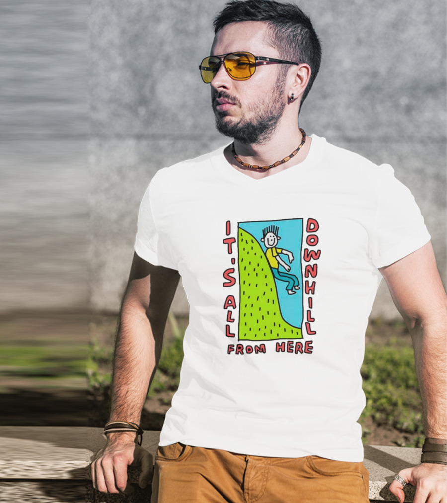 IT'S ALL DOWNHILL FROM HERE Cartoon Character Sliding Down Green Hill T-Shirt
