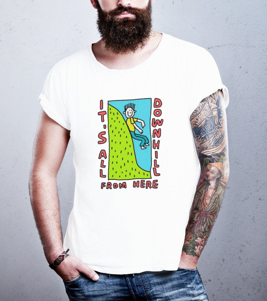 IT'S ALL DOWNHILL FROM HERE Cartoon Character Sliding Down Green Hill T-Shirt