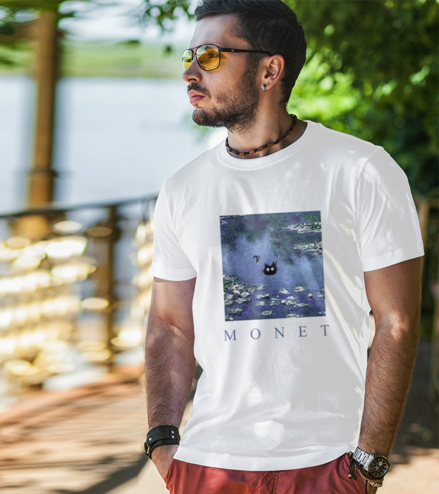 Monet Waterlily Black Cat In Pond With Monet Text T-Shirt