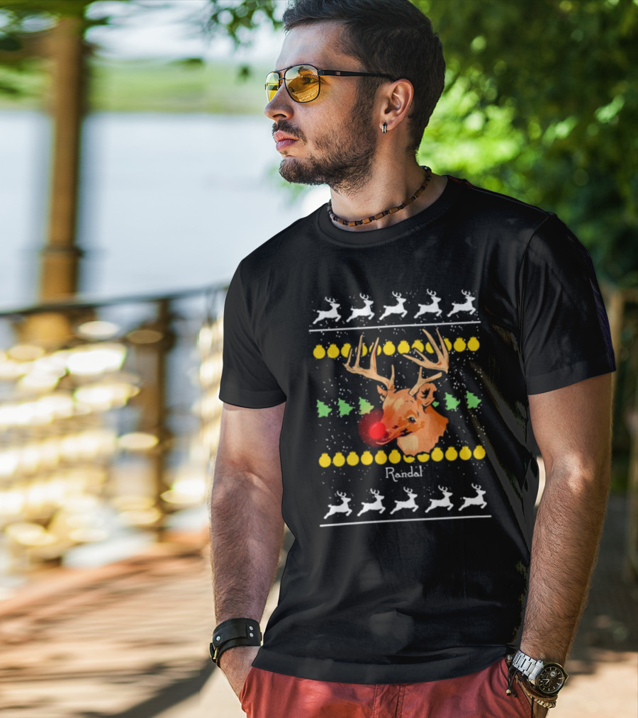 Randal Reindeer Festive Holiday Pattern With Red Nose And Antlers T-Shirt