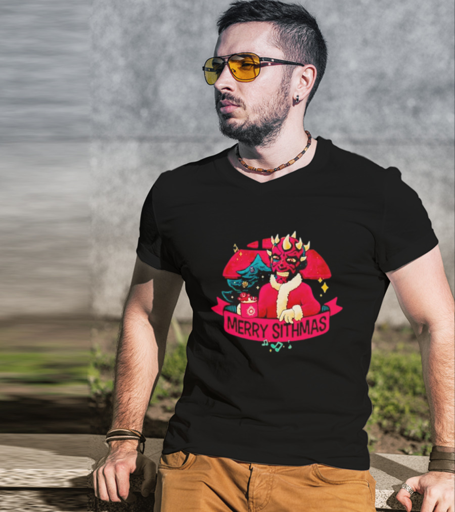 Star Wars Merry Sithmas Featuring Darth Maul In Santa Suit With Christmas Tree And Festive Elements T-Shirt