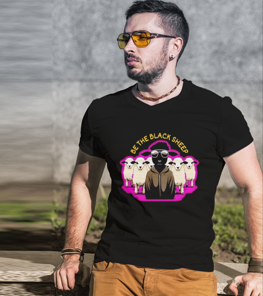 BE THE BLACK SHEEP Cool Black Sheep With Sunglasses Standing Out In A Flock T-Shirt