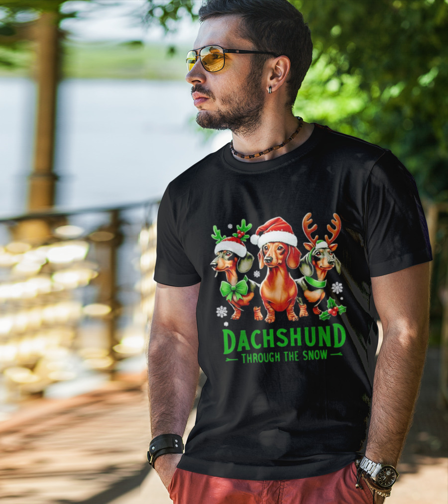 Dachshund Through The Snow Santa Hat Reindeer Antlers Christmas Bow T-Shirt