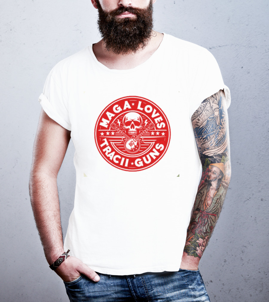 Maga Loves Tracii Guns Skull And Guitar Emblem With Stars And Lightning Bolts T-Shirt