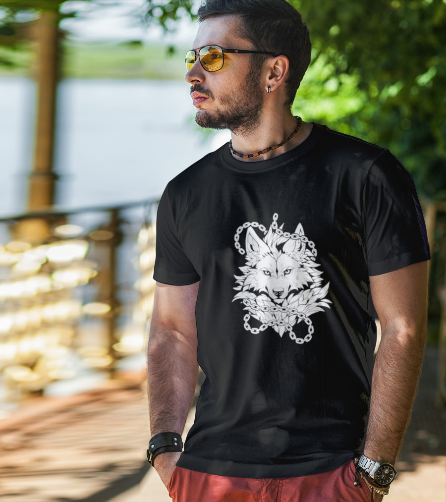 Wolf And Chains Intricate Black White T-Shirt