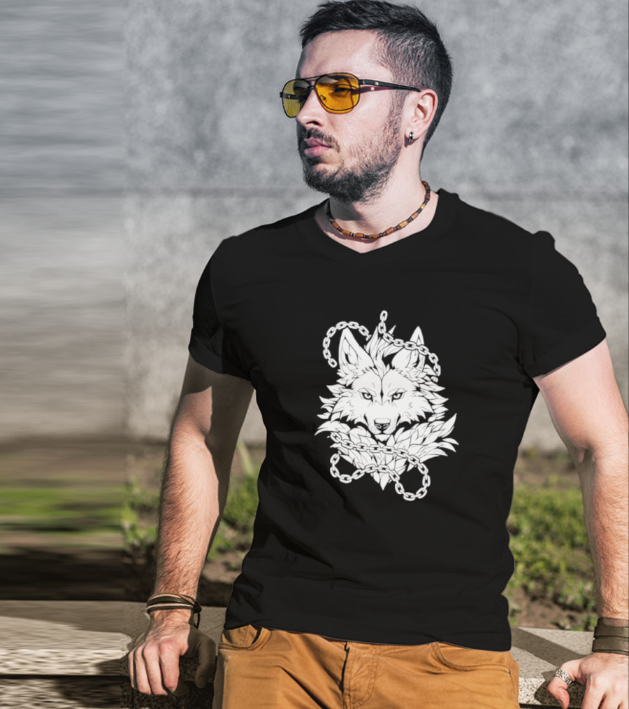 Wolf And Chains Intricate Black White T-Shirt