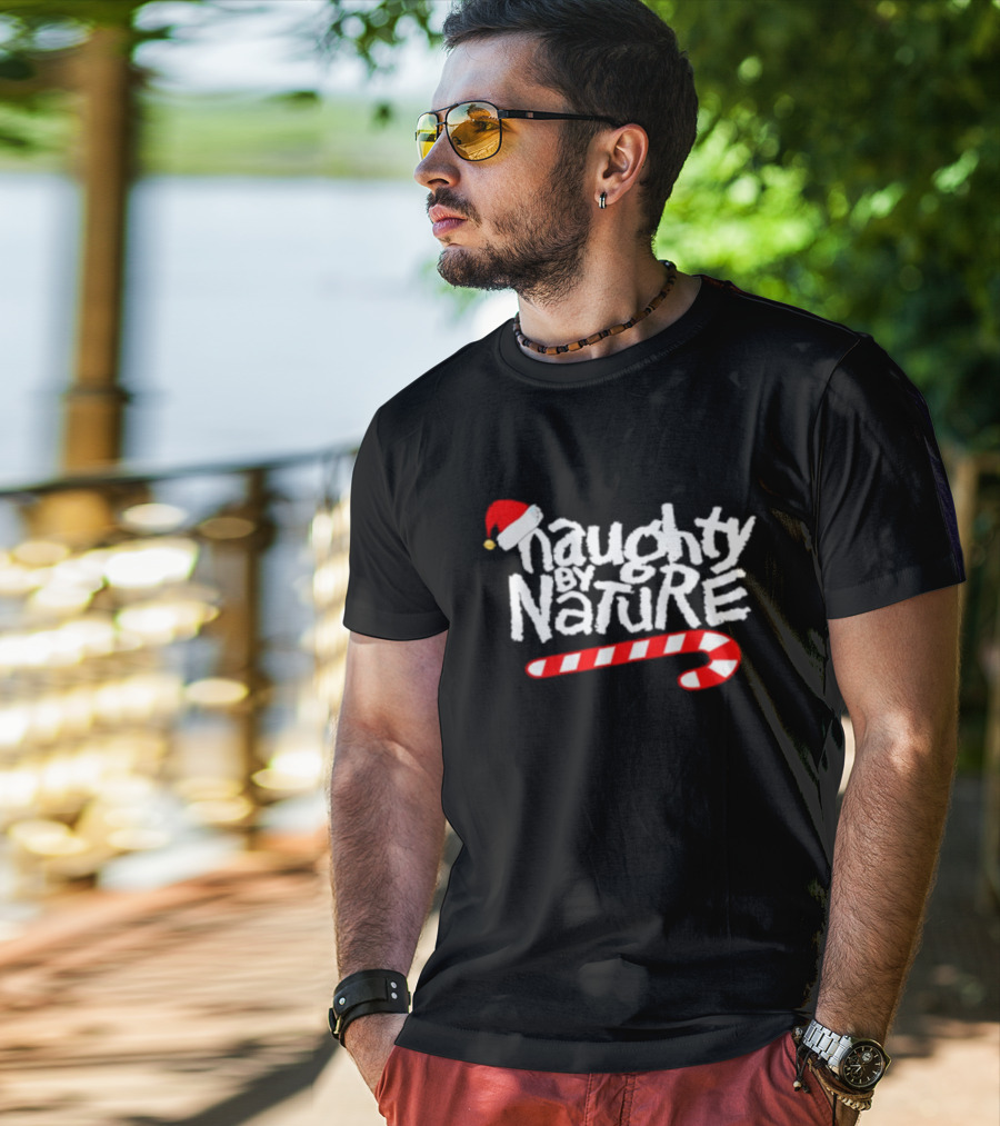 Naughty By Nature Santa Hat Candy Cane Christmas T-Shirt