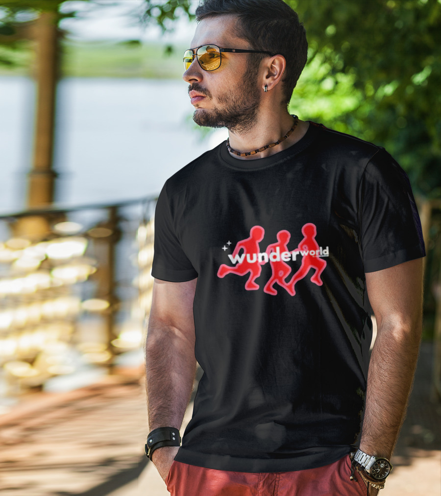 Aries Wunderworld Running Figures Red Neon Text T-Shirt