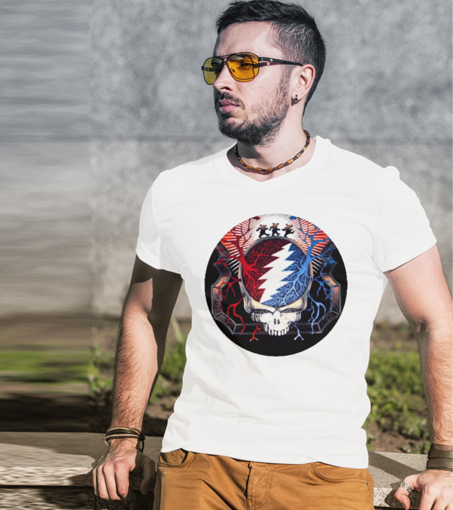 Grateful Dead Skull Bear Red Blue Lightning Bolt Circle T-Shirt