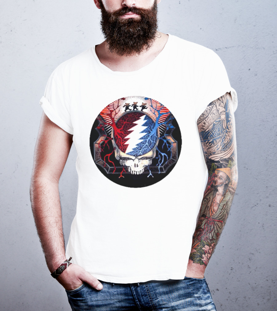 Grateful Dead Skull Bear Red Blue Lightning Bolt Circle T-Shirt