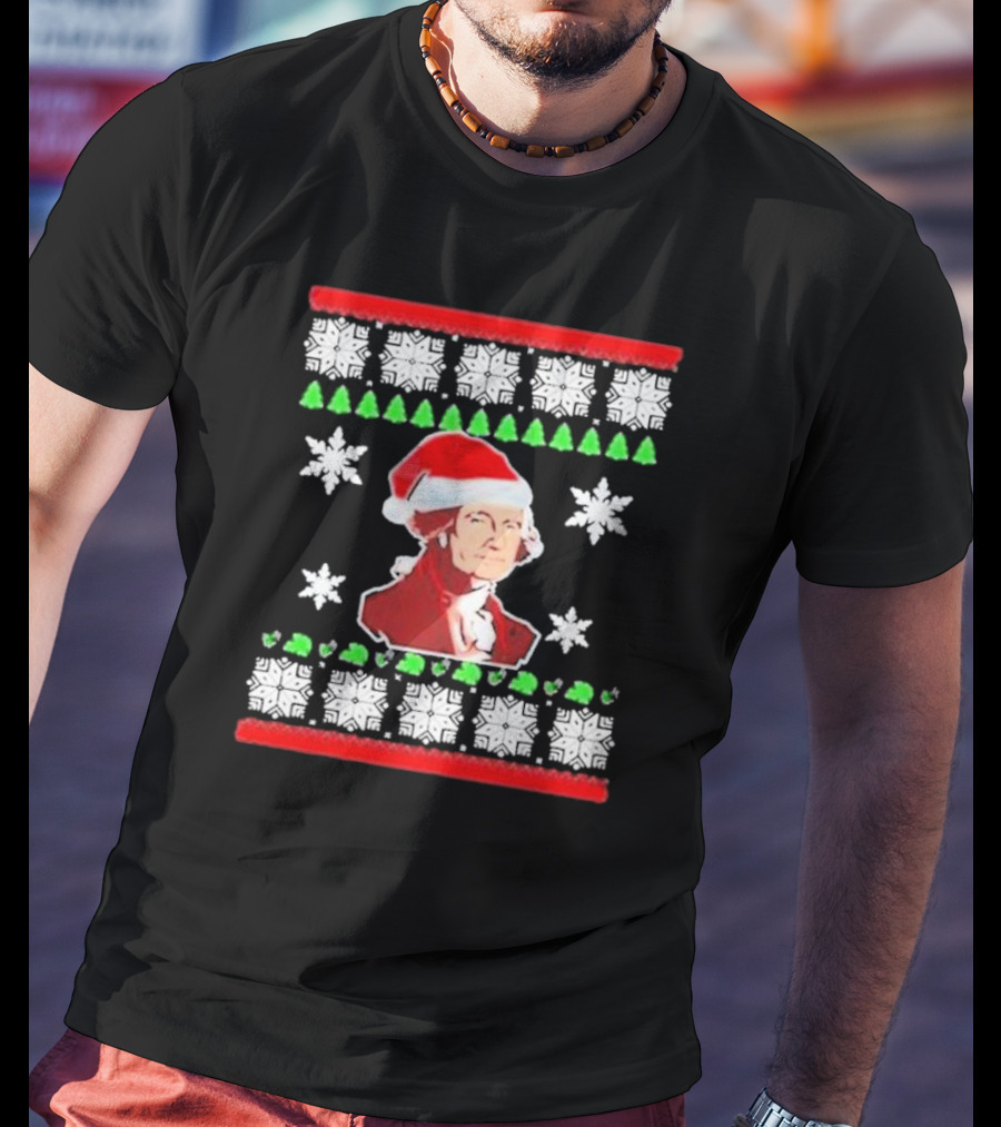 George Washington Santa Hat Christmas Ugly Sweater Style Snowflakes And Trees T-Shirt