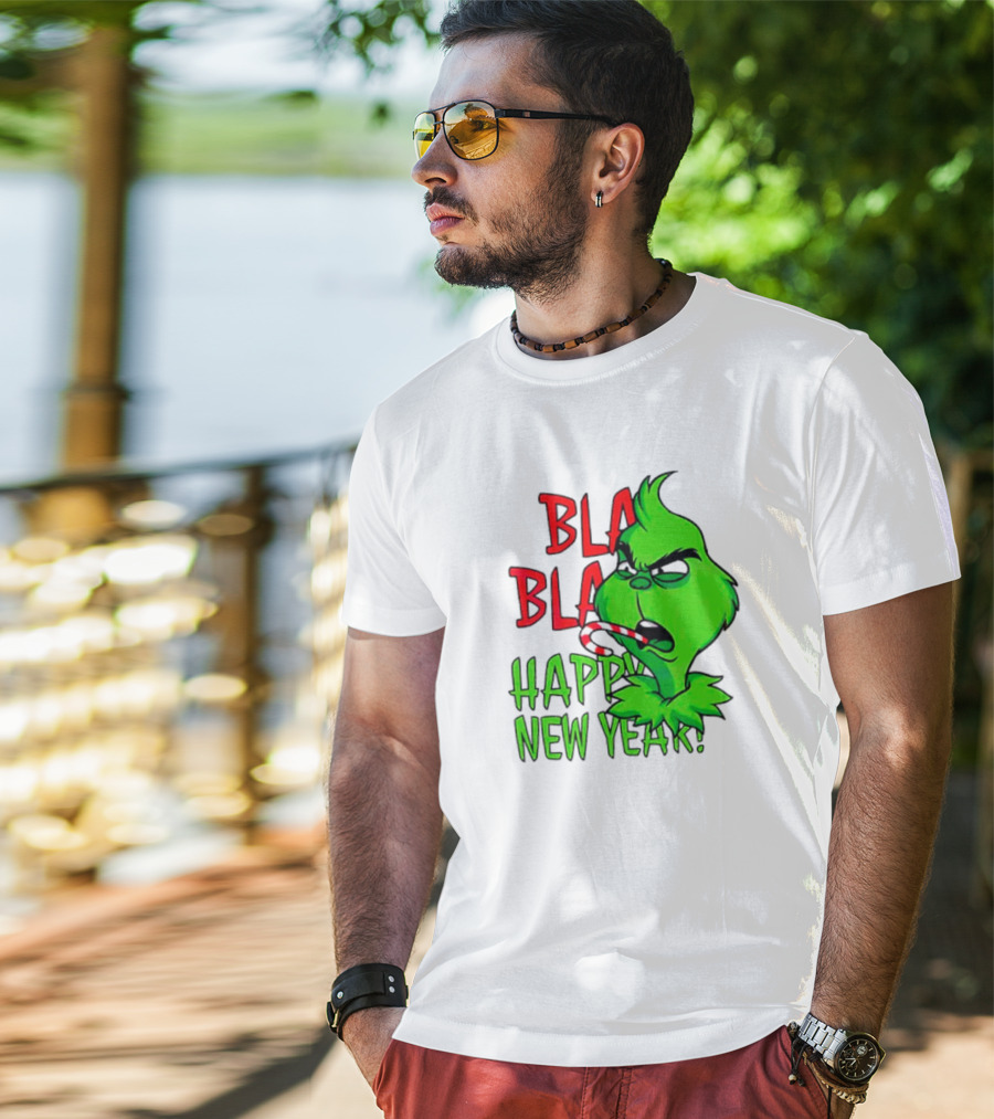 Bla Bla Happy New Year Grinch Candy Cane Image T-Shirt