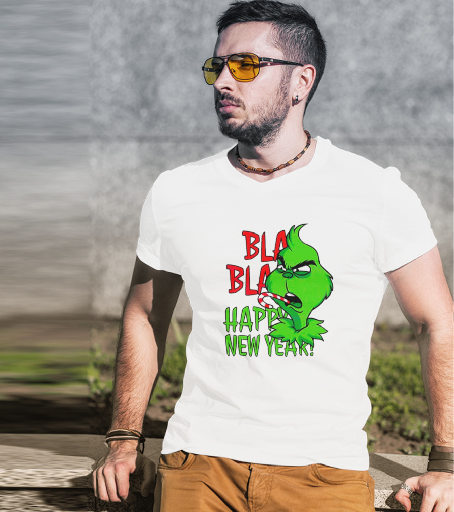 Bla Bla Happy New Year Grinch Candy Cane Image T-Shirt