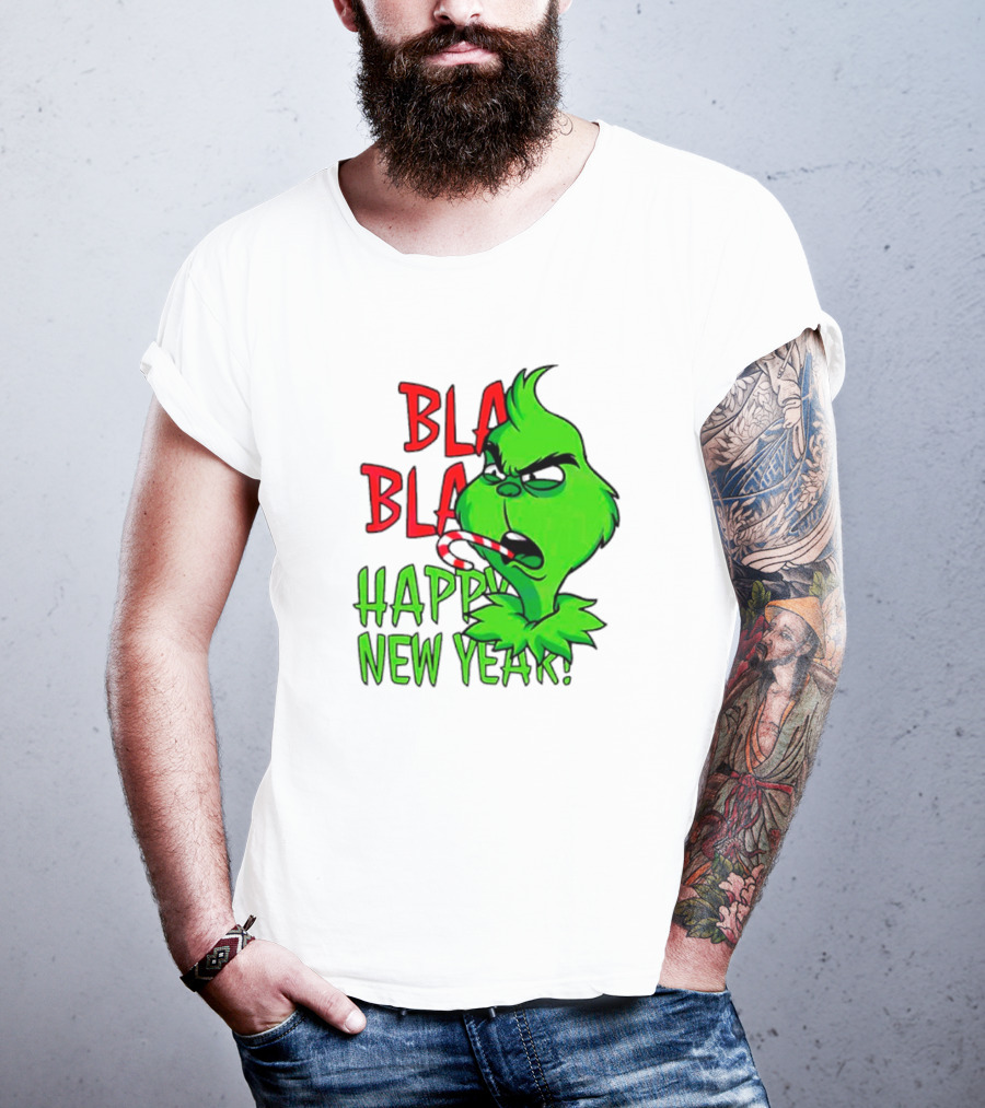 Bla Bla Happy New Year Grinch Candy Cane Image T-Shirt