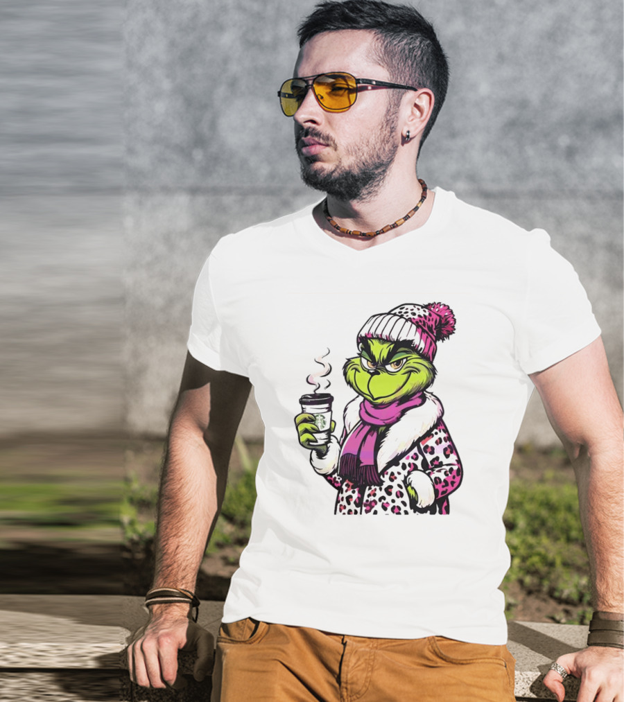 Grinchy And Bougie Pink Leopard Coffee Cozy T-Shirt