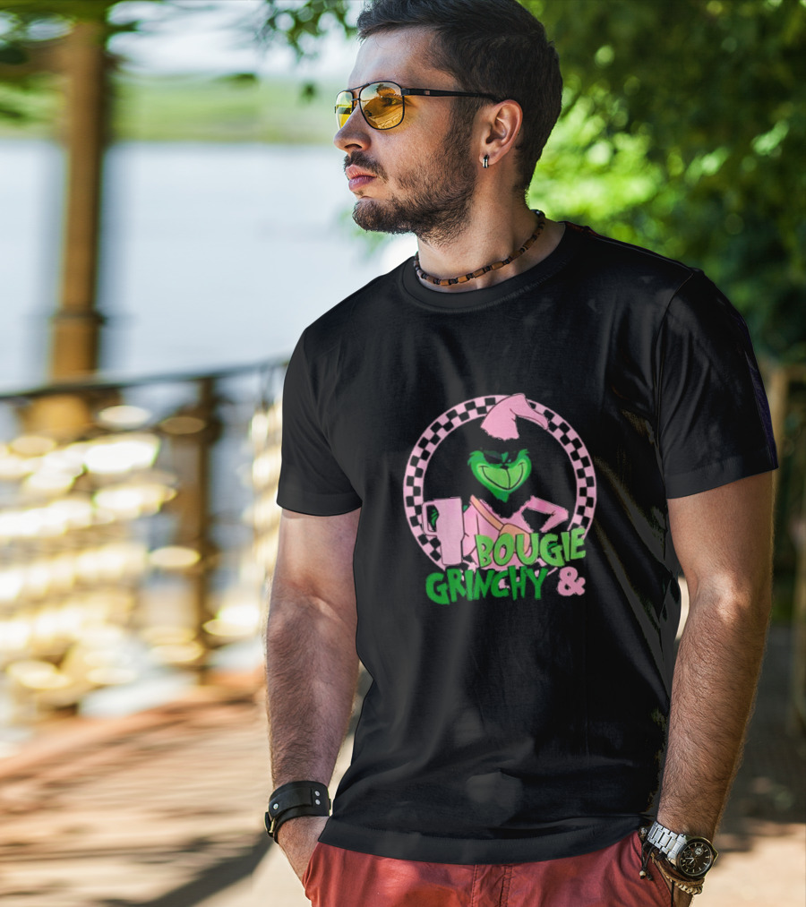 Bougie Grinchy And Pink Character With Checkerboard Circle T-Shirt