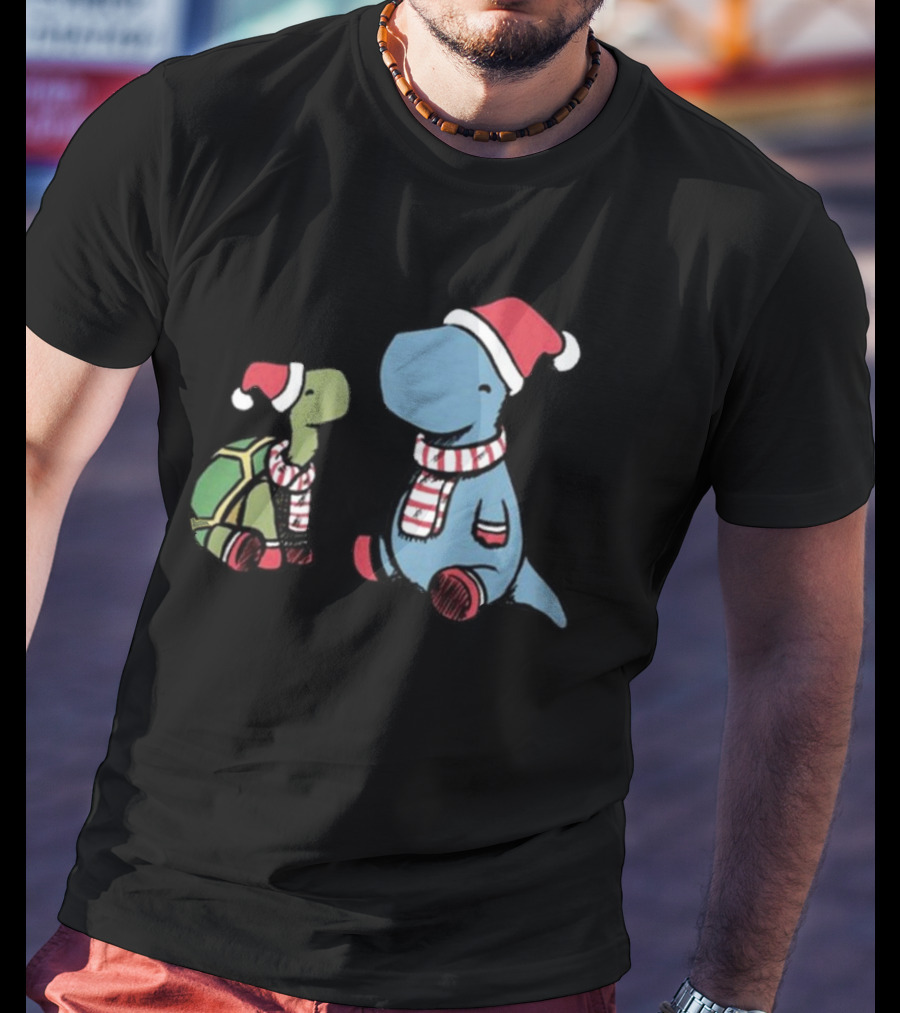 Dinosaur Christmas Tortoise And Dino In Santa Hats And Scarves T-Shirt