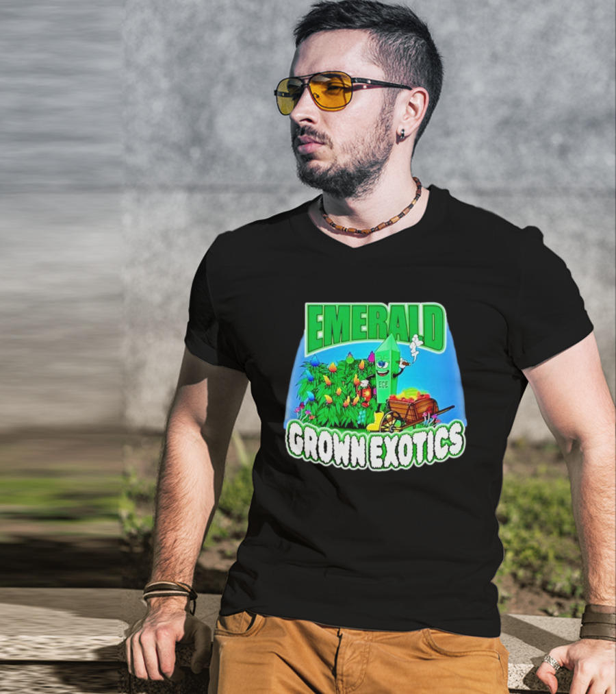 Emerald Grown Exotics Colorful Harvest With EGE Mascot And Wagon T-Shirt