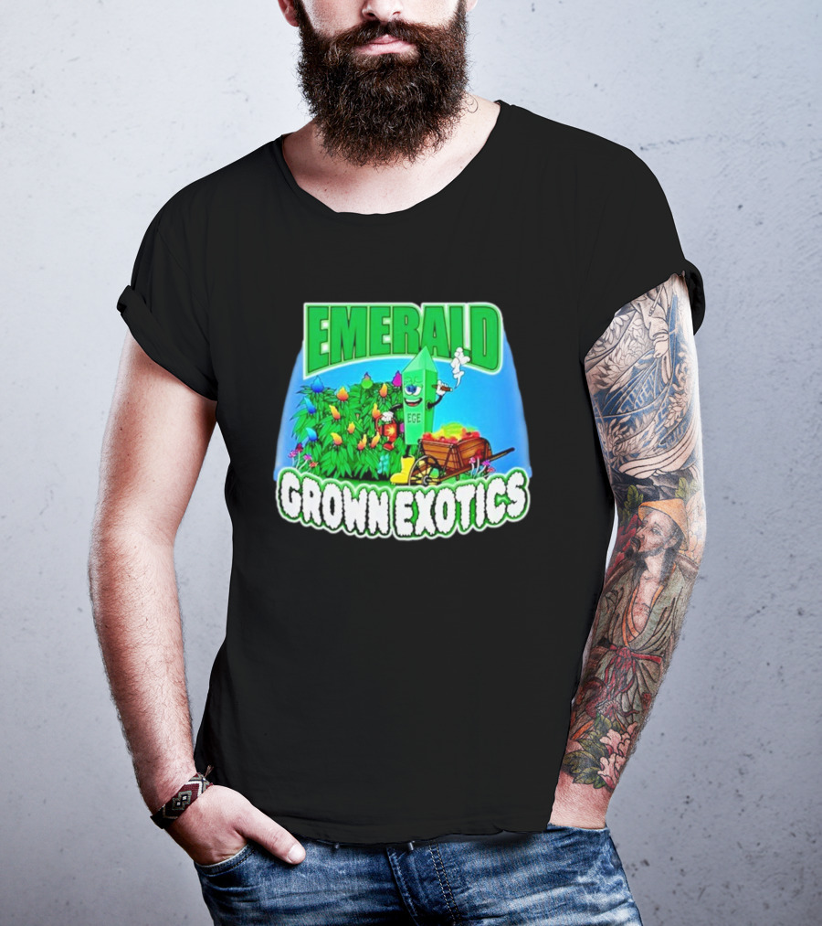 Emerald Grown Exotics Colorful Harvest With EGE Mascot And Wagon T-Shirt