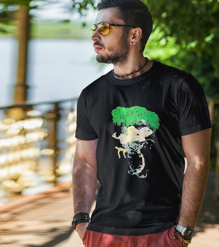 Sanguisugabogg Homicidal Ecstacy Abstract Green Dripping Text With Floral Skull And Spine T-Shirt