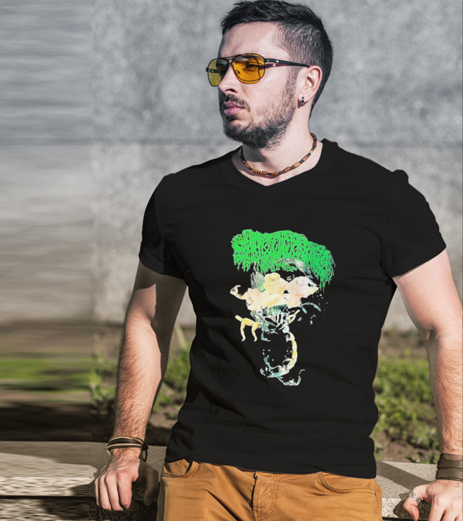 Sanguisugabogg Homicidal Ecstacy Abstract Green Dripping Text With Floral Skull And Spine T-Shirt