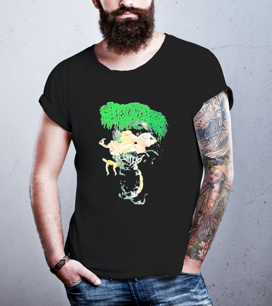 Sanguisugabogg Homicidal Ecstacy Abstract Green Dripping Text With Floral Skull And Spine T-Shirt