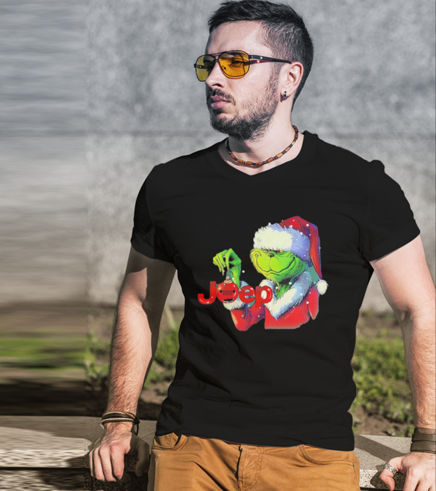 Santa Grinch Holding Jeep Ornament Holiday T-Shirt