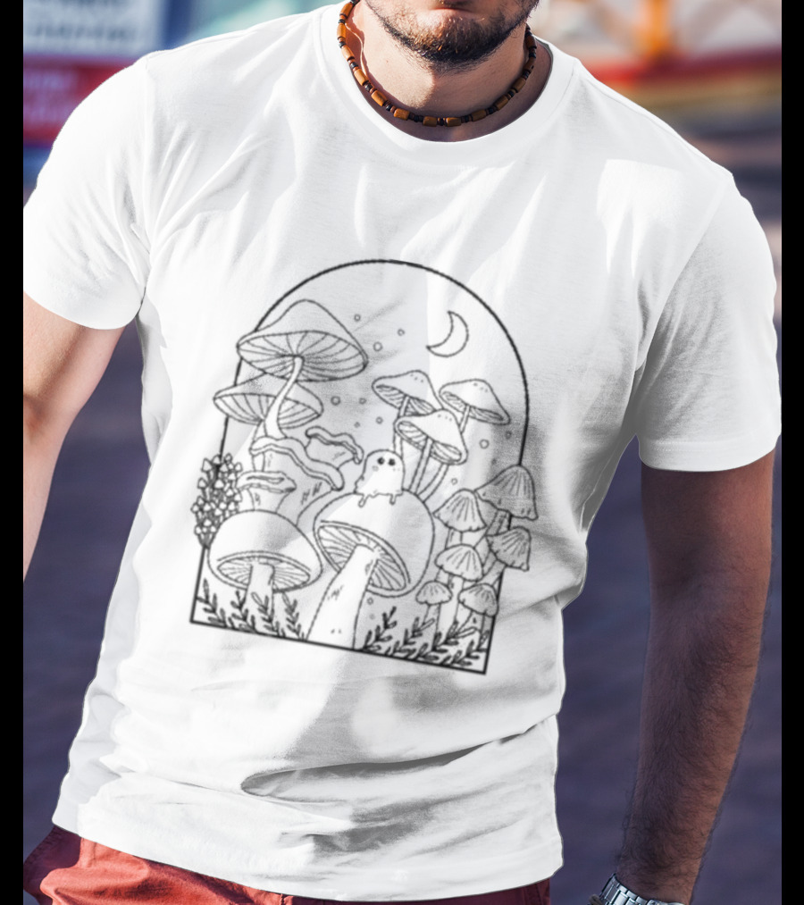 Slimecicle Mushroom Forest Night Scene With Crescent Moon And Cute Ghostly Creature T-Shirt