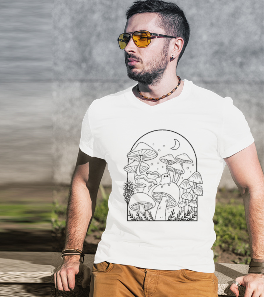 Slimecicle Mushroom Forest Night Scene With Crescent Moon And Cute Ghostly Creature T-Shirt