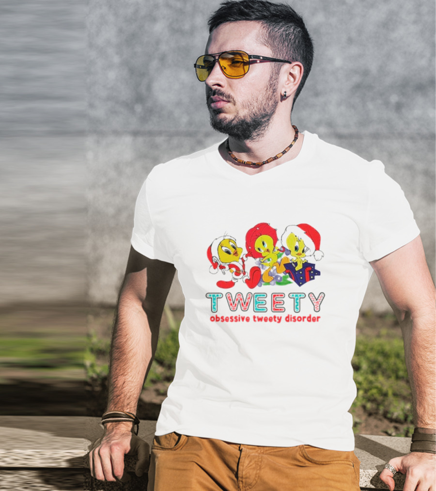 Tweety Obsessive Tweety Disorder With Christmas Hats And Gifts T-Shirt