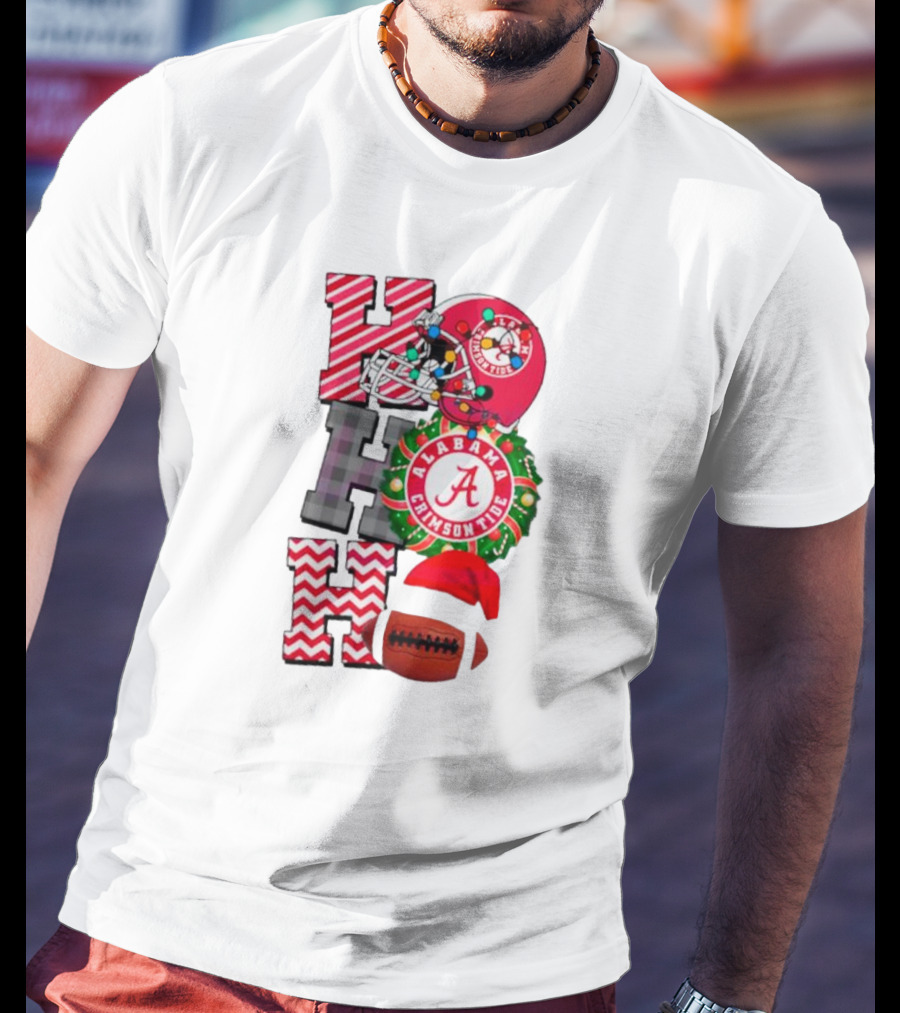 Alabama Crimson Tide Football Christmas Ho Ho Ho Santa Hat Wreath Football Helmet T-Shirt