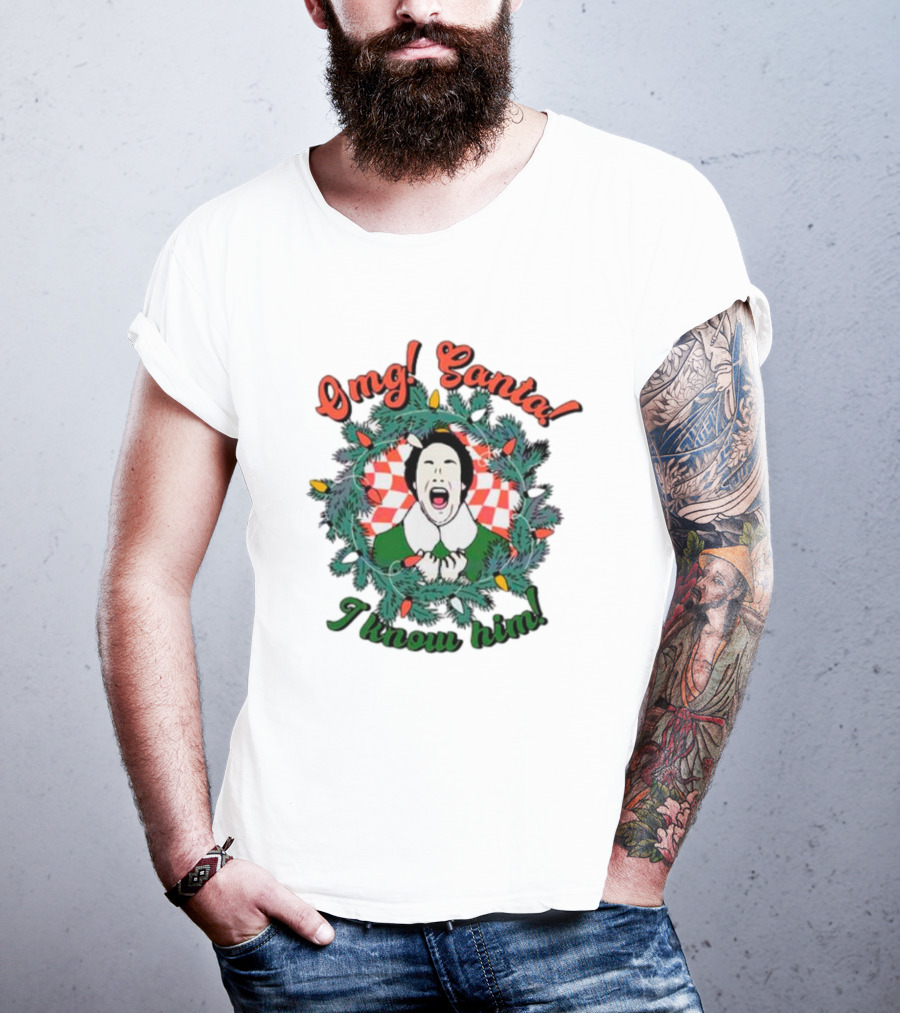 Elf Omg Santa I Know Him Funny Christmas Wreath Lights T-Shirt