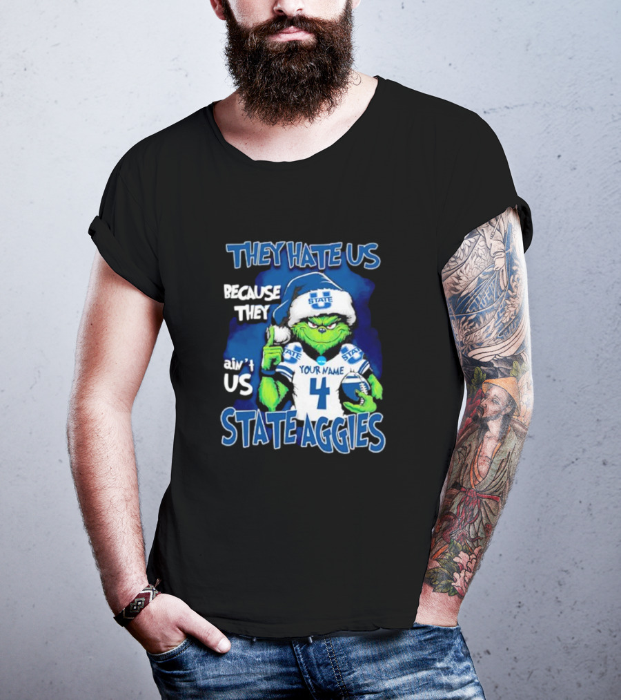They Hate Us Because They Ain't Us Grinch Santa Utah State Aggies Your Name Custom Number T-Shirt